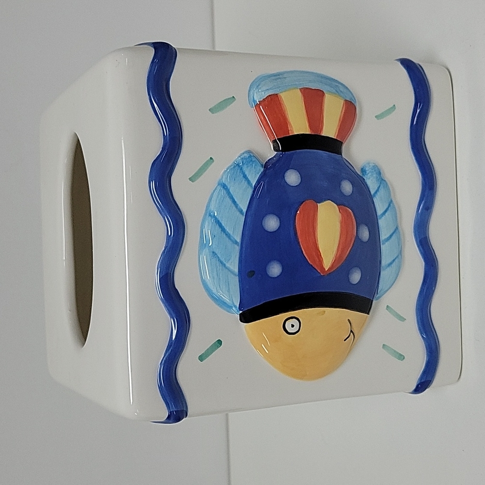 Ceramic Square Tissue Cover Holder with Fish White Blue copyright by Coco Dowley